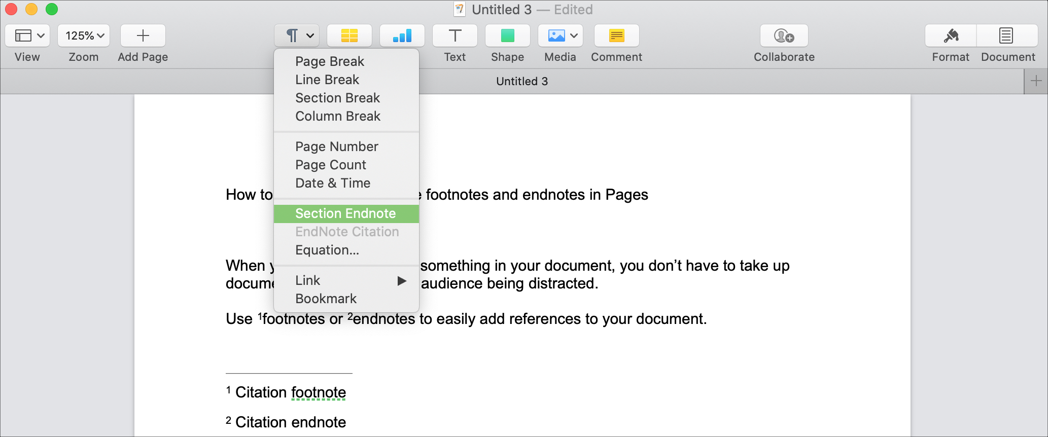 Pages Insert Endnote Mac