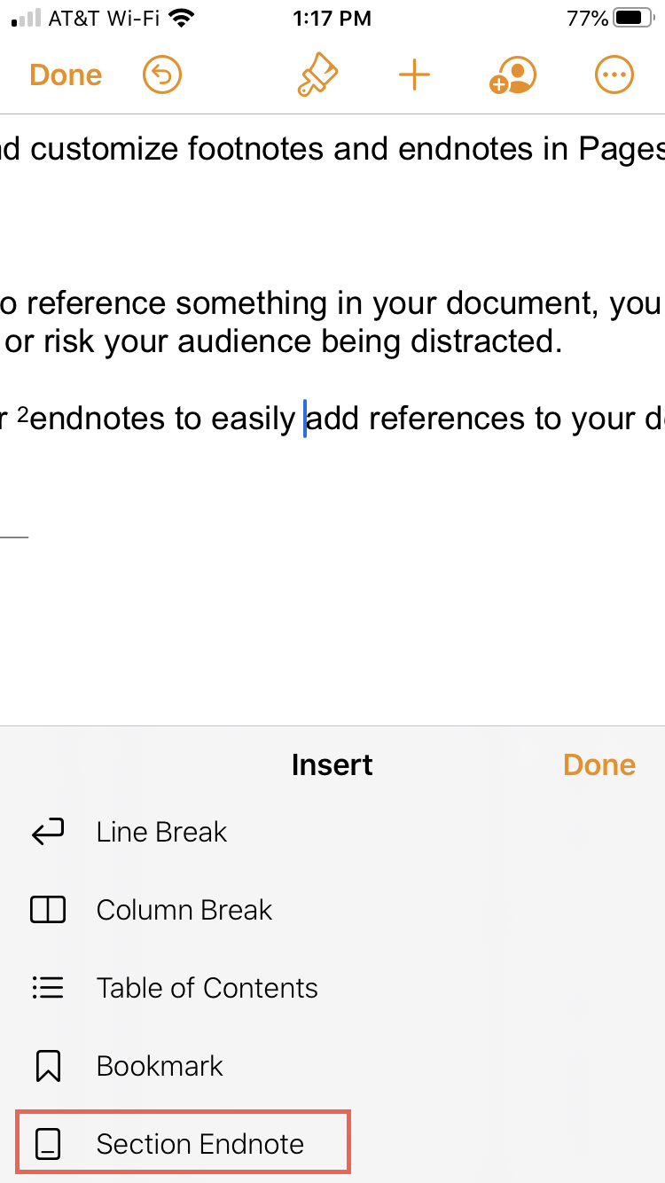 Pages Insert Endnote iPhone