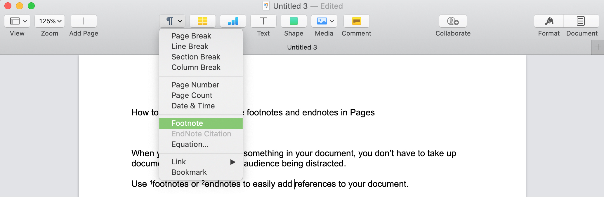 Pages Insert Footnote Mac