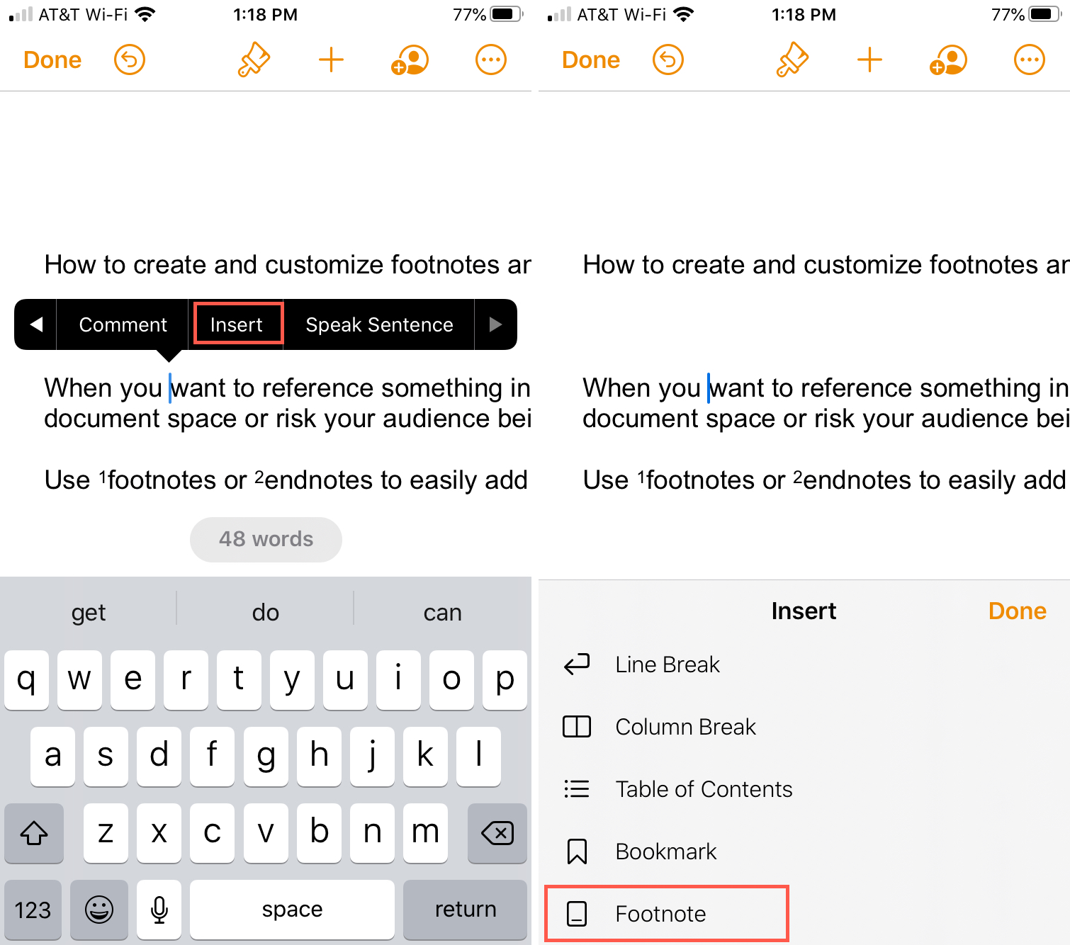 Pages Insert Footnote iPhone