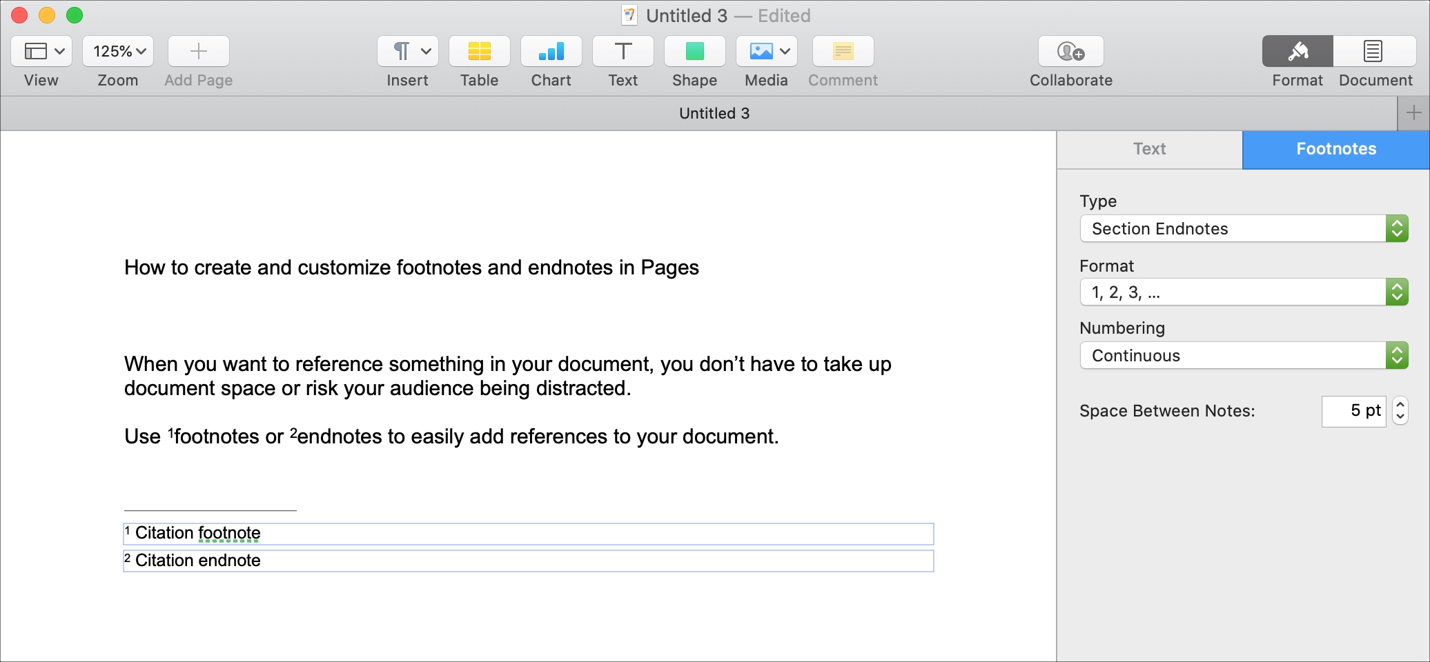 Pages Insert Footnote or Endnote Mac