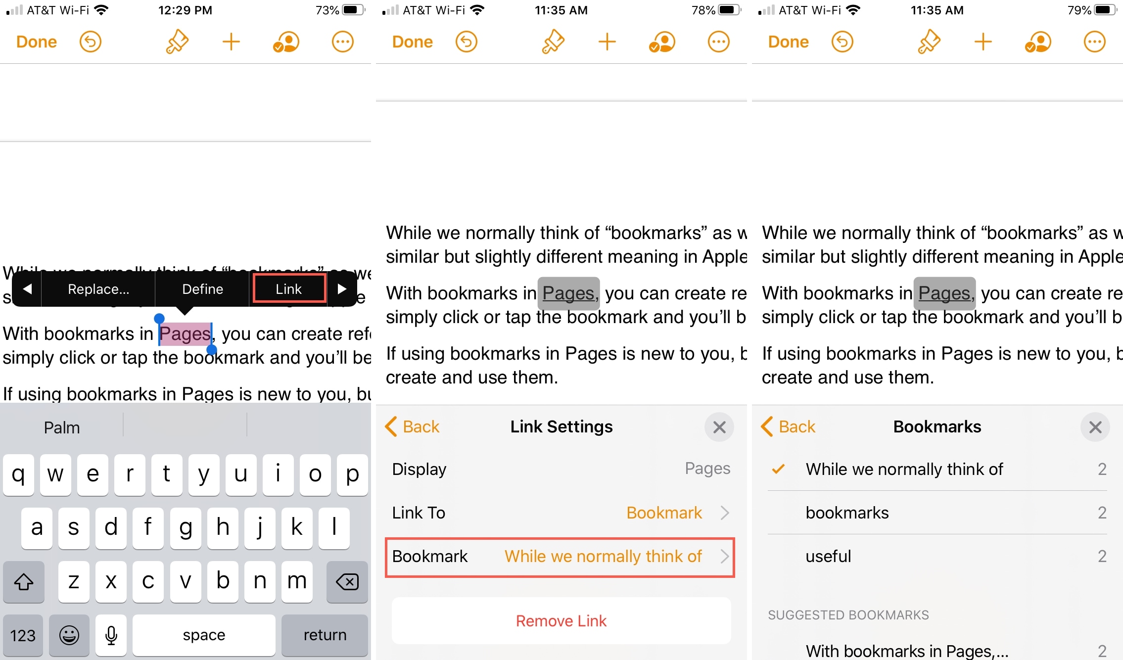 Pages Link To Bookmark iPhone