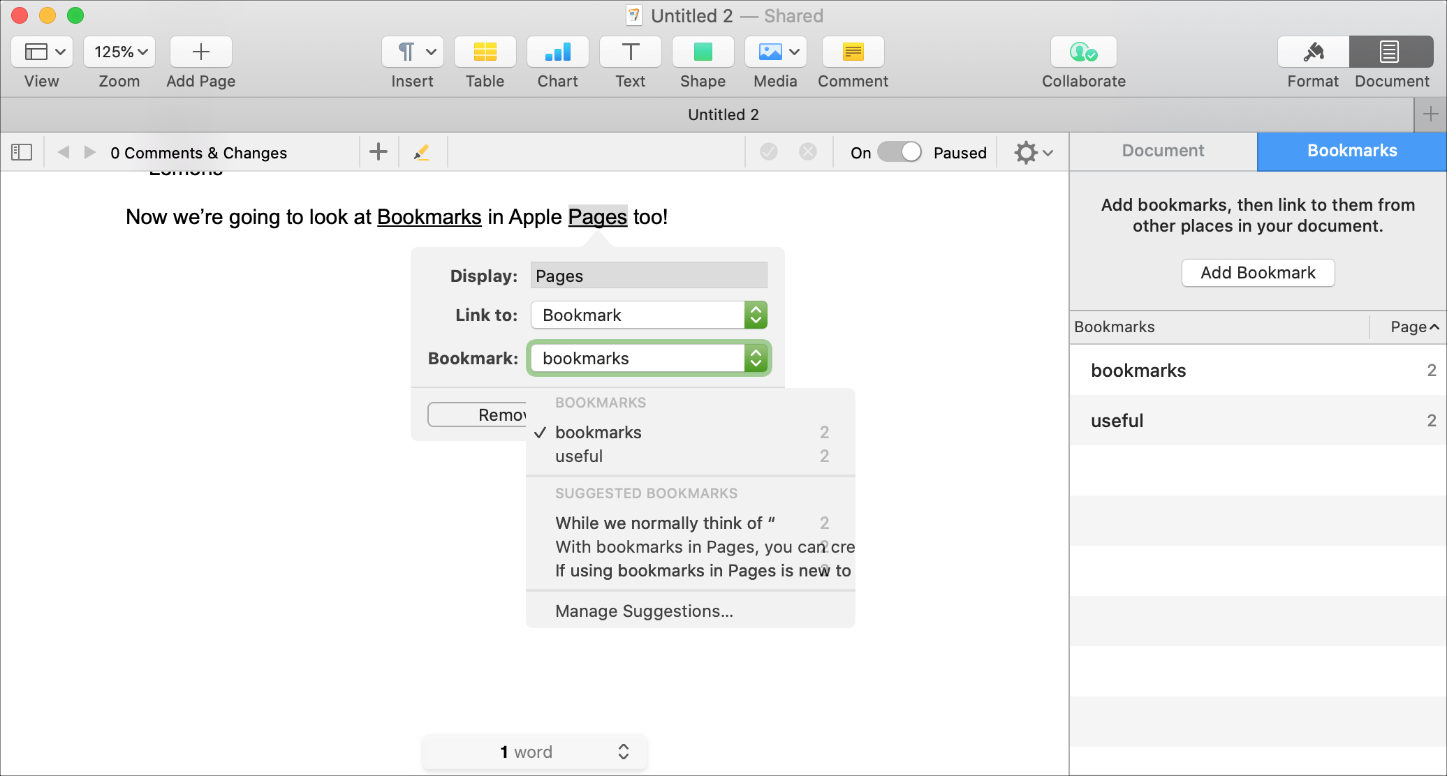 Pages Link To Bookmark on Mac