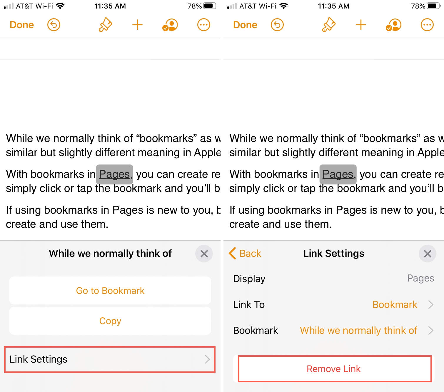 Pages Remove Link To Bookmark iPhone