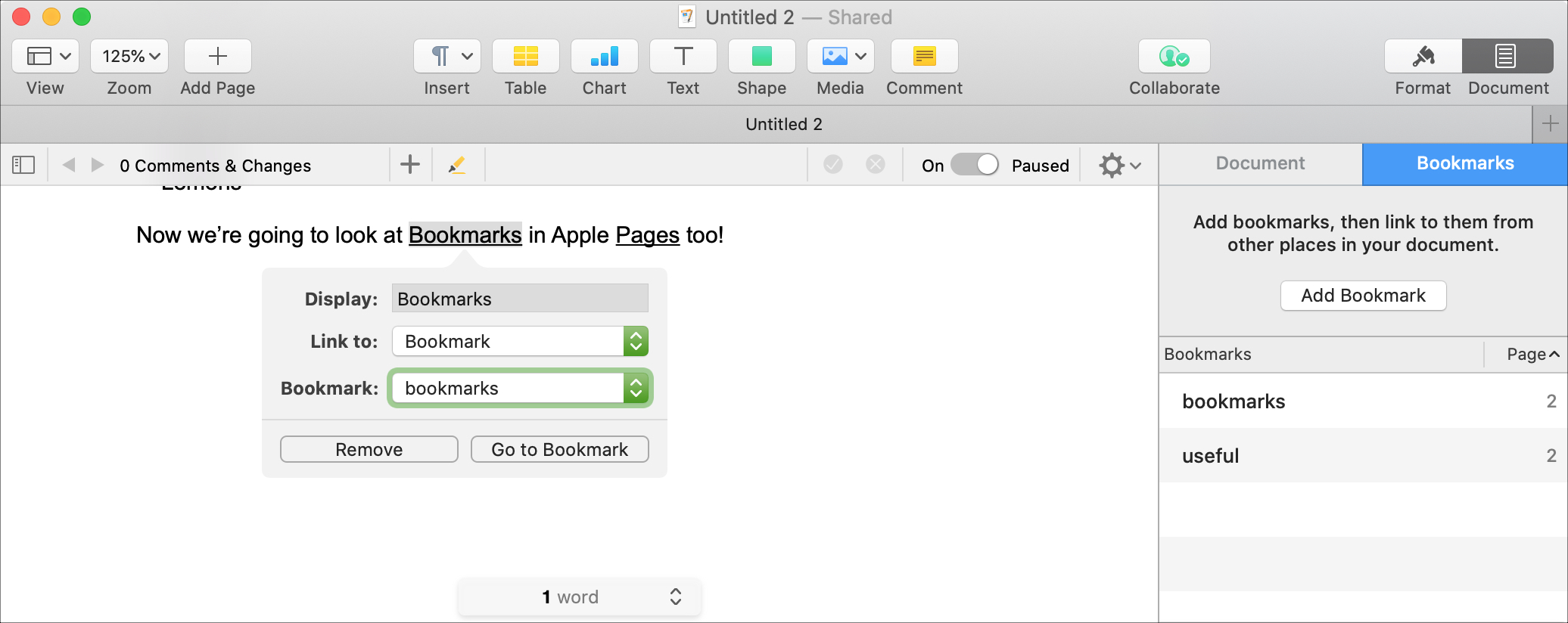 Pages Remove Link To Bookmark on Mac