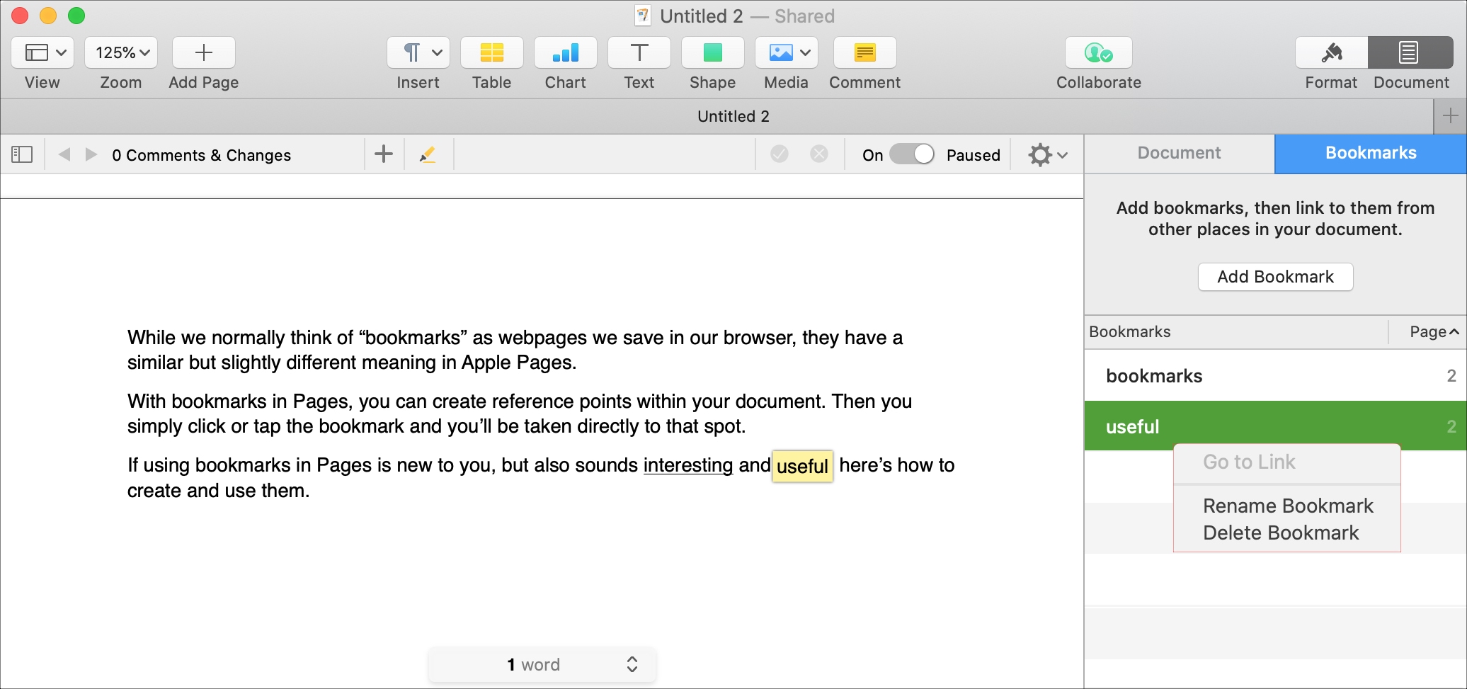 Pages Rename Delete Bookmark on Mac