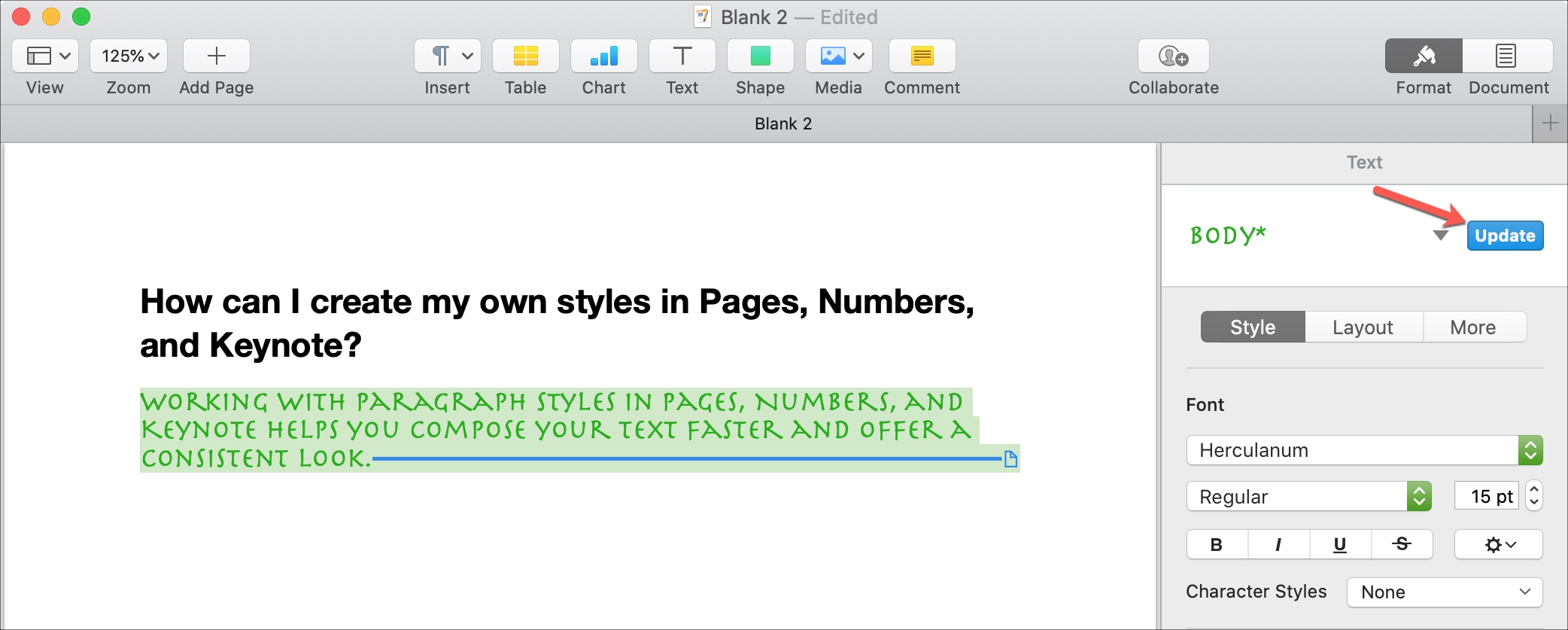 Update Paragraph Style Pages Mac