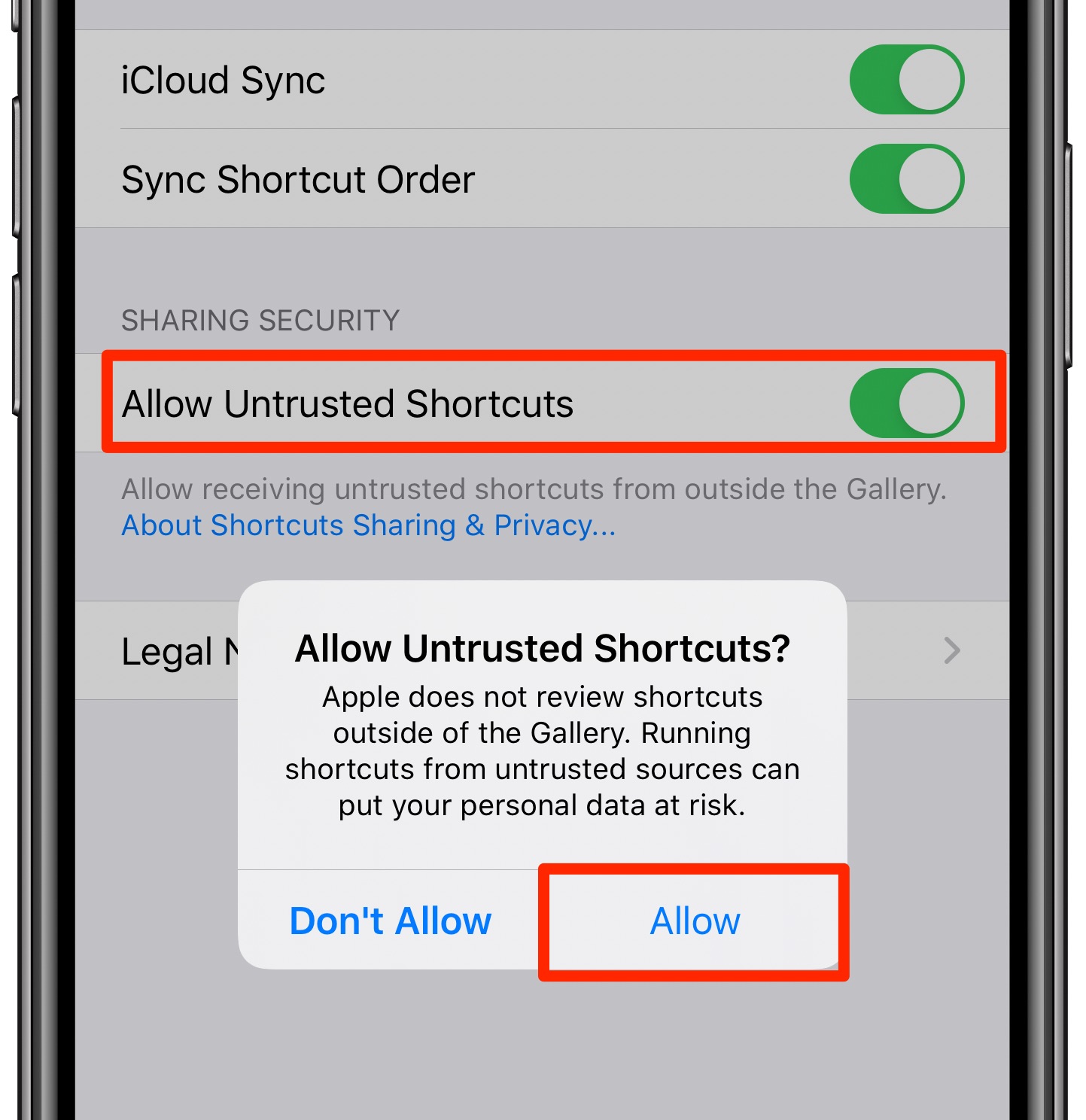 allow untrusted shortcuts on iPhone