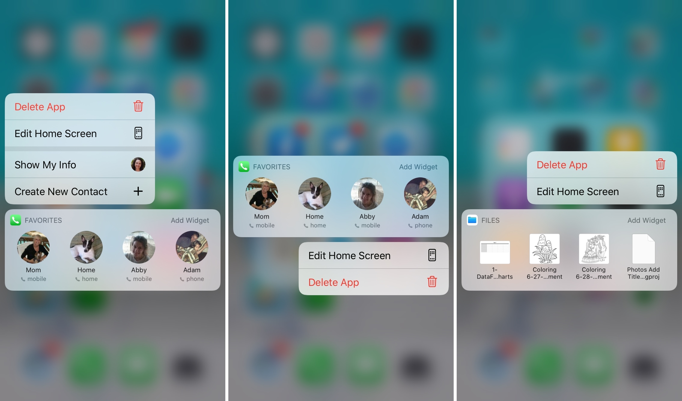 Contacts FaceTime Files - Long Press Shortcuts
