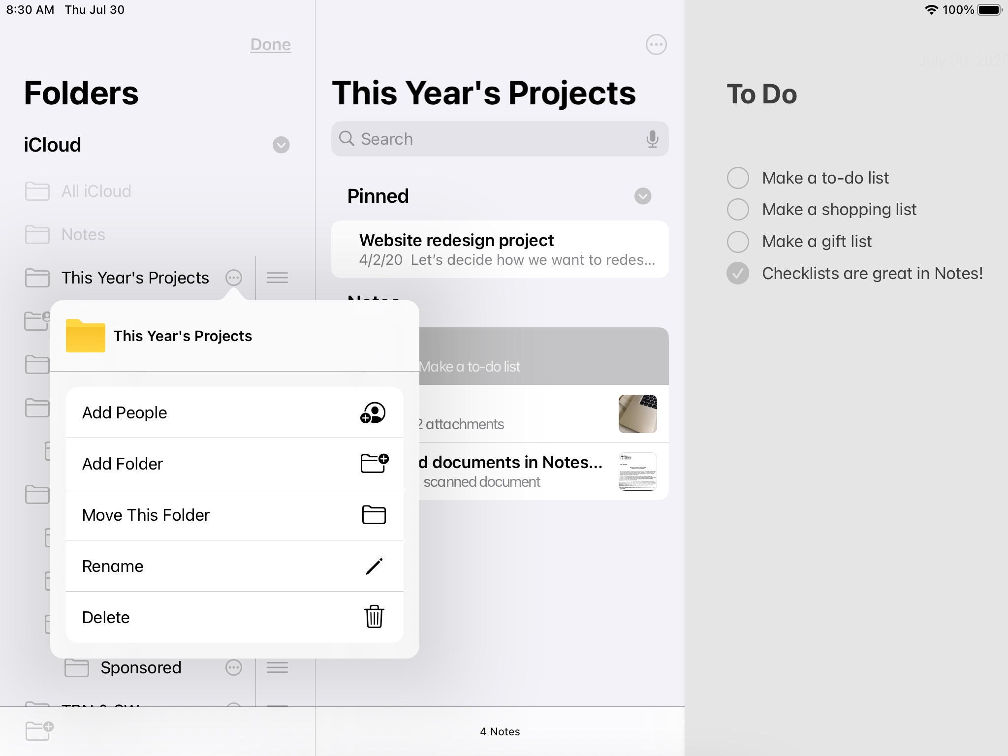 Edit Folder actions menu iPad