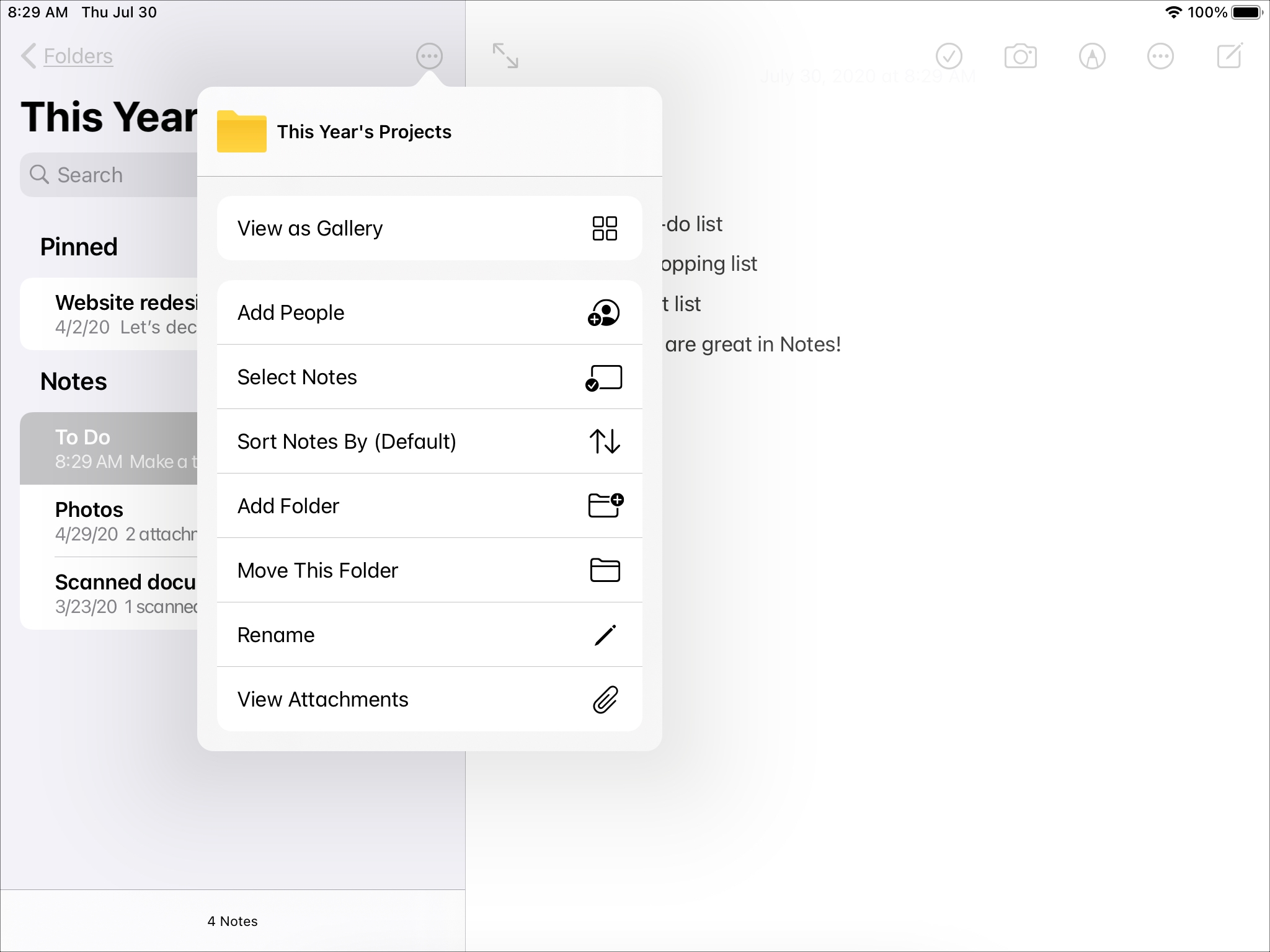 Folder actions menu iPad