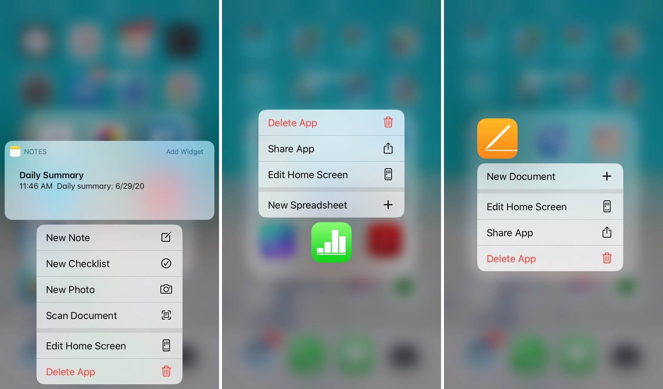 Notes Numbers Pages - Long Press Shortcuts