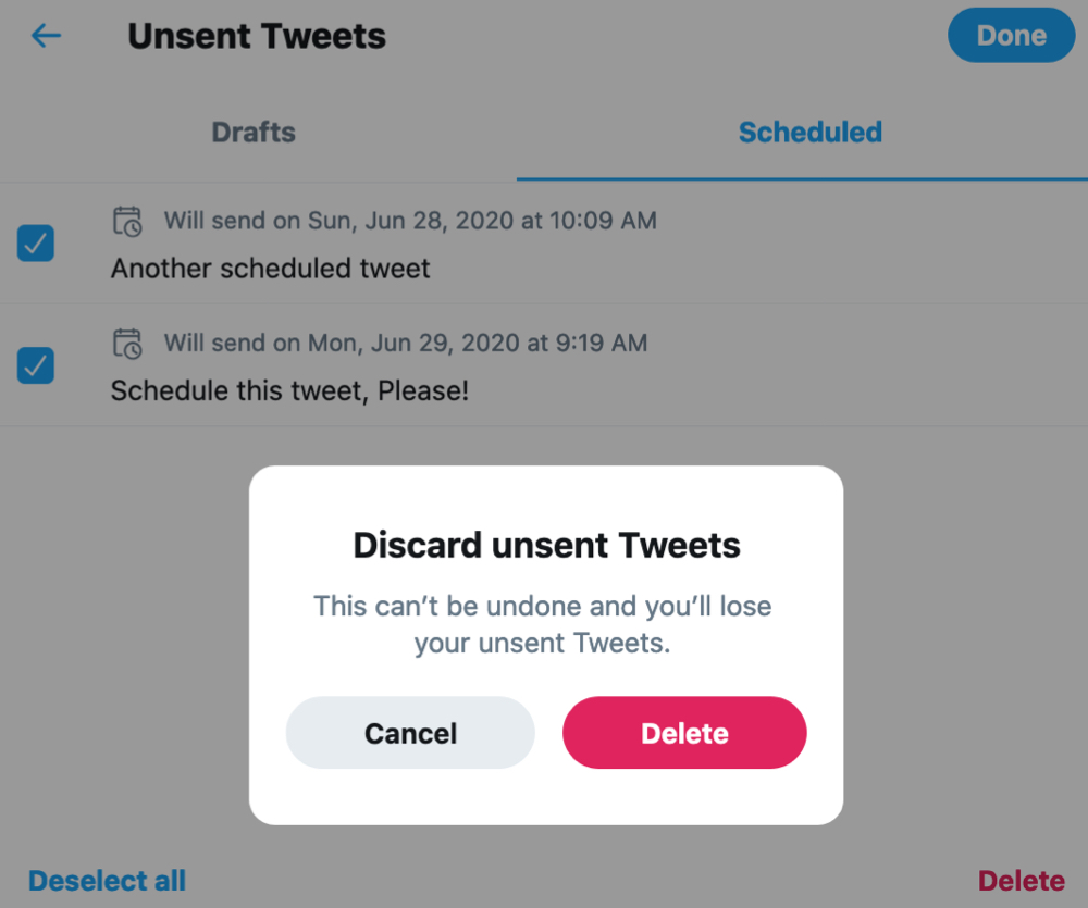 Twitter Discard and Delete Scheduled Tweet