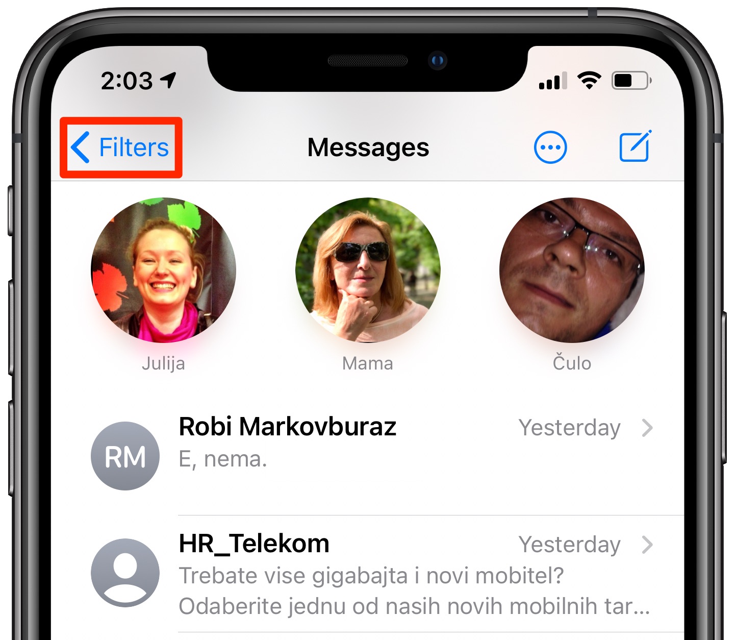 iOS 14 Messages filtering - the Filters button