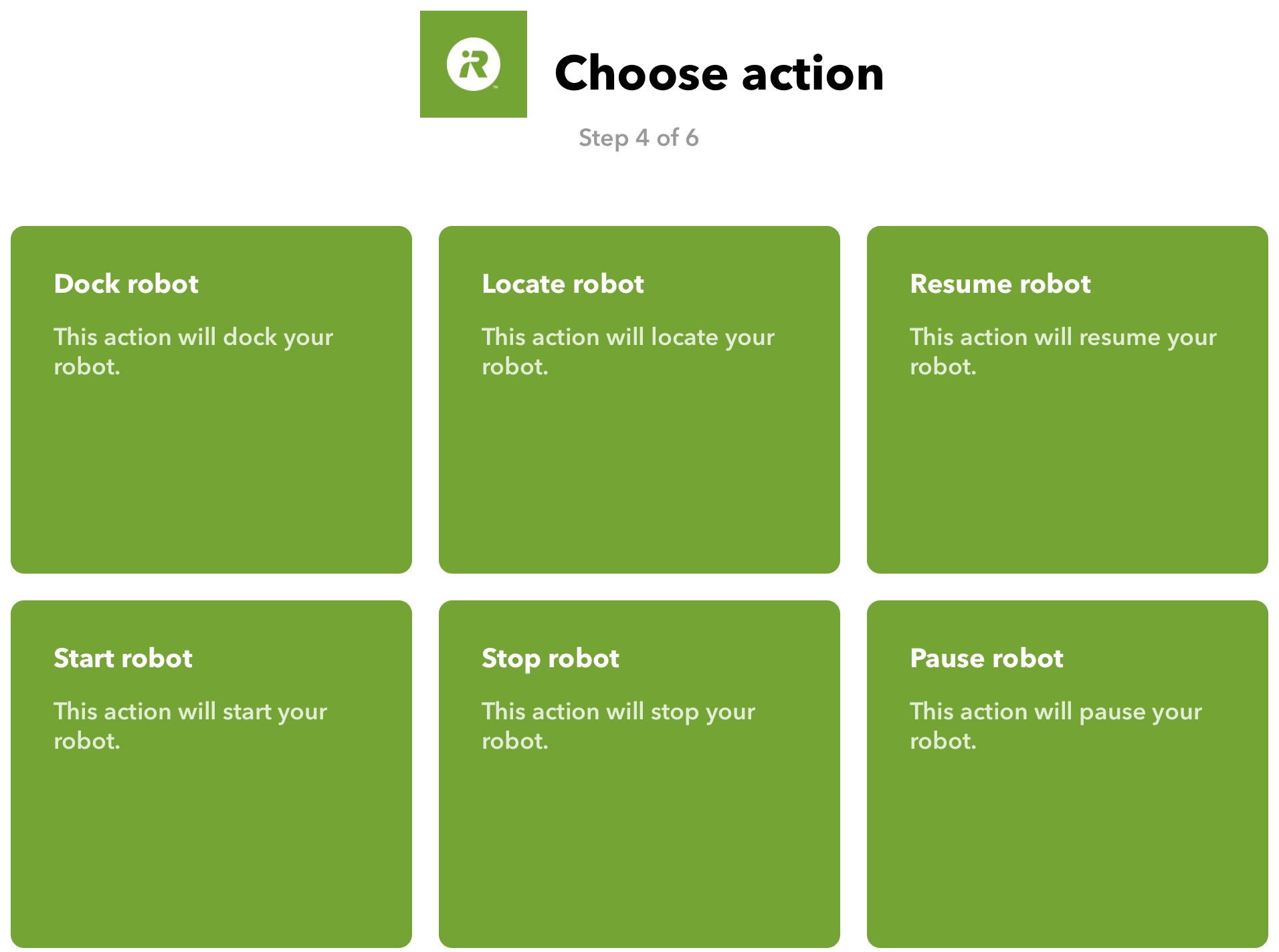 Choose action to control your Roomba