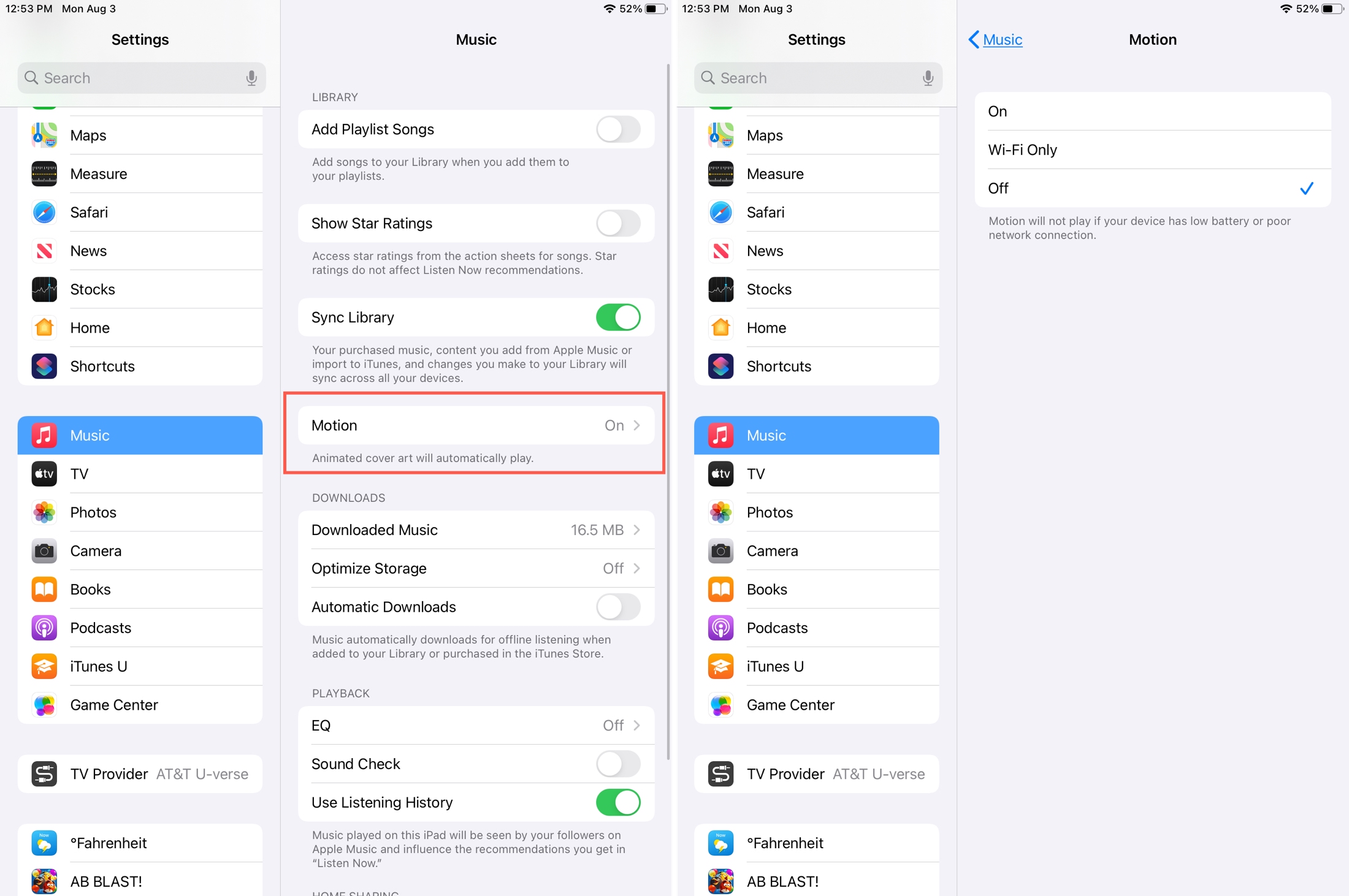 Disable Motion Artwork for Music iPad