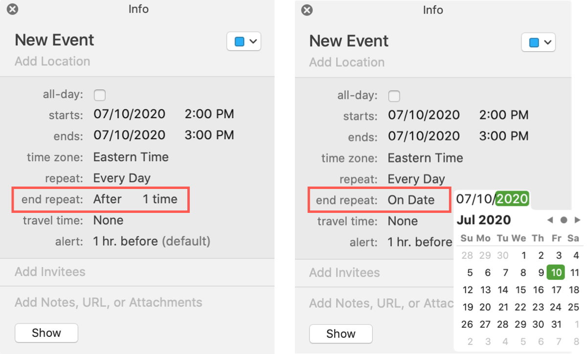 How to create, edit and delete repeating events in Calendar Mid