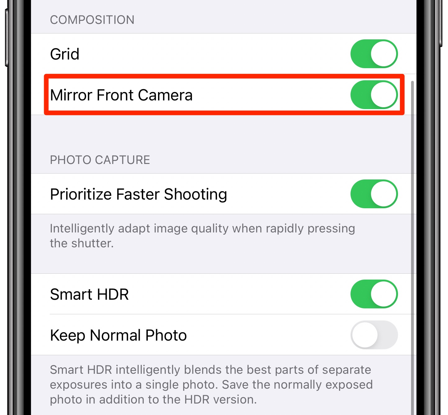 Mirrored iPhone selfies - the Mirror Front Camera option enabled and highlighted in Camera settings