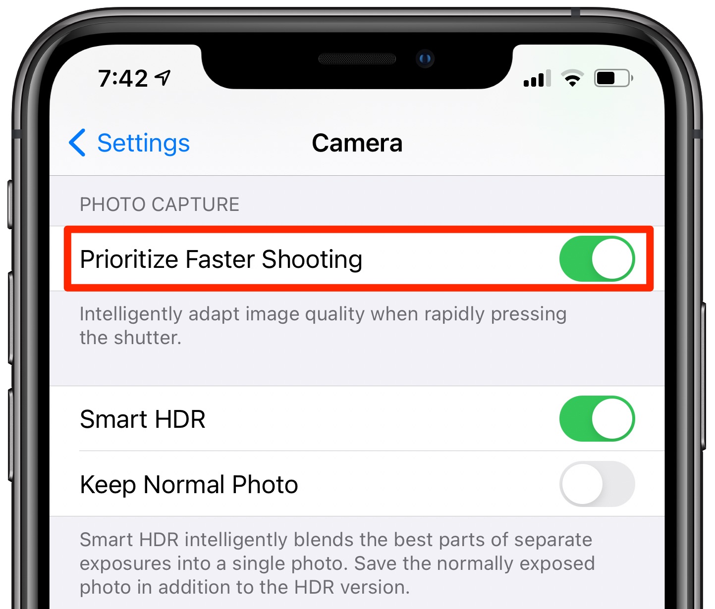 iPhone camera - the Prioritize Faster Shooting option enabled in Settings