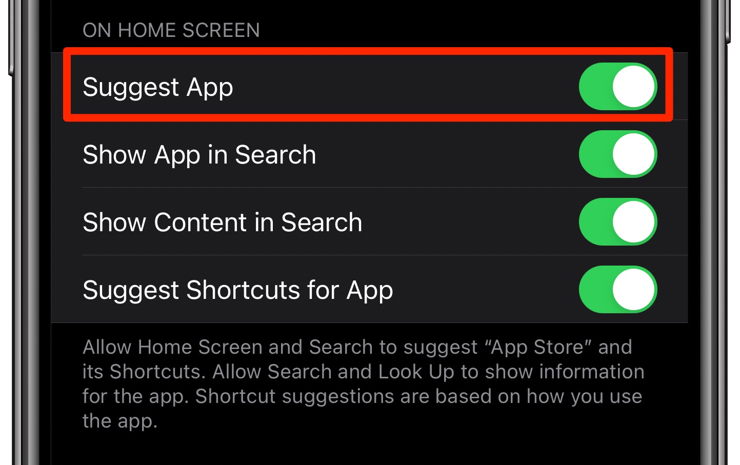 Siri Suggestions widget - enabling the Suggest App option for App Store in Siri & Search settings
