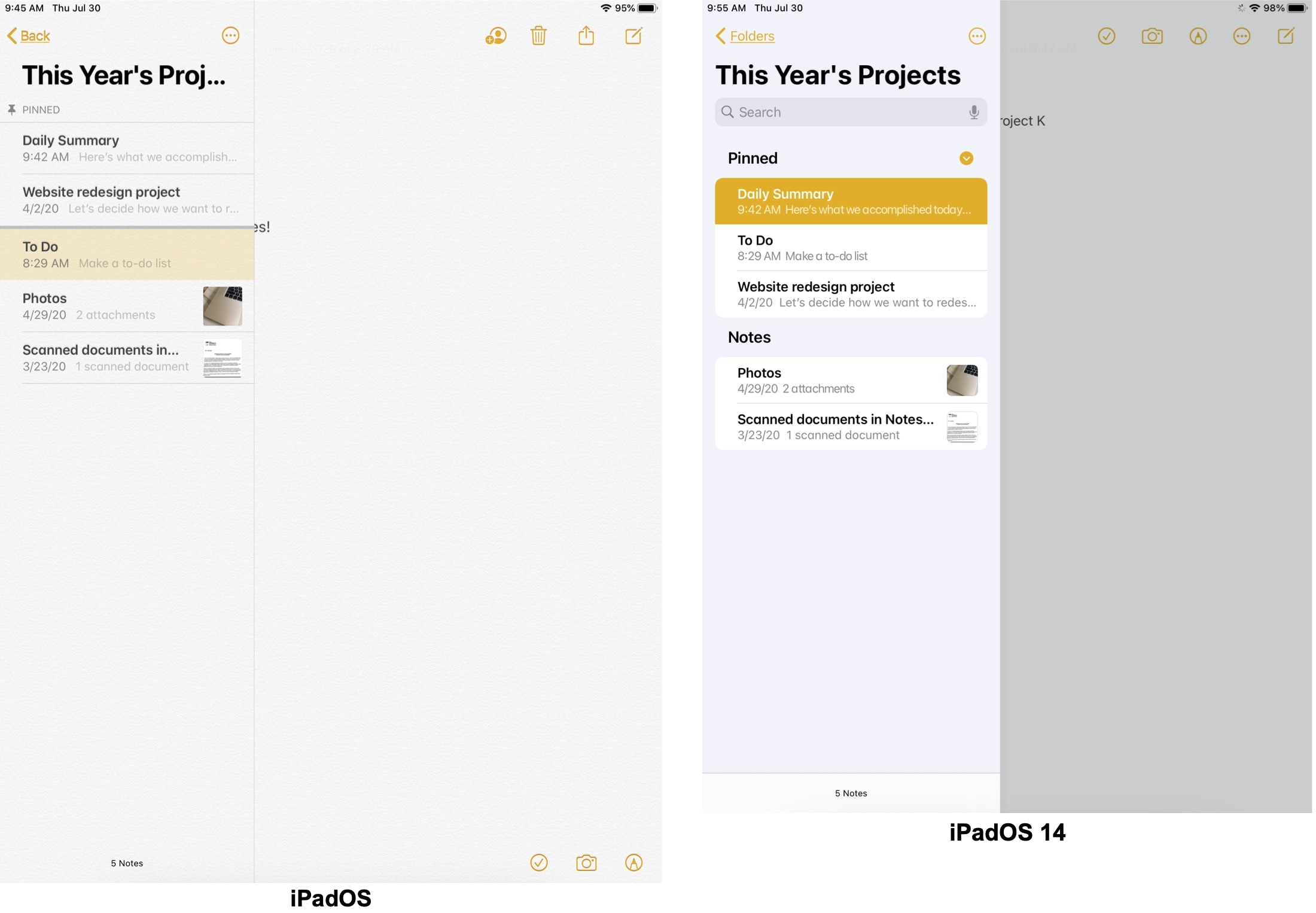 iPadOS vs iPadOS 14 Pinned Notes