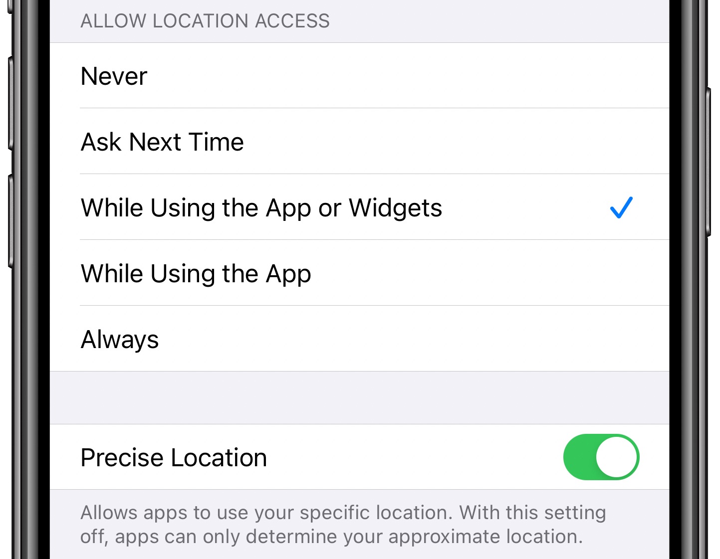 Widget location permissions iPhone - Using Privacy settings to manage a widget's location permission