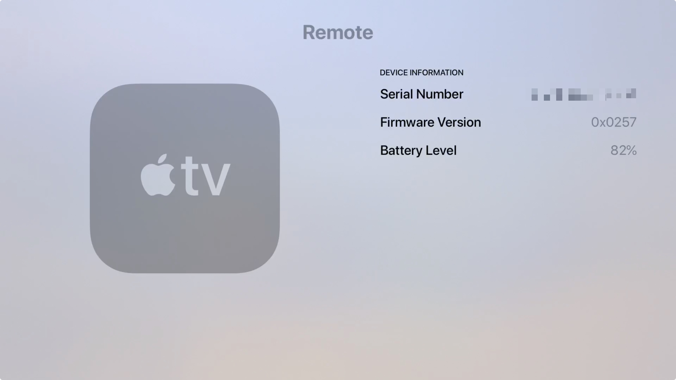 Apple TV Siri Remote Serial Number in Remotes and Devices in Settings