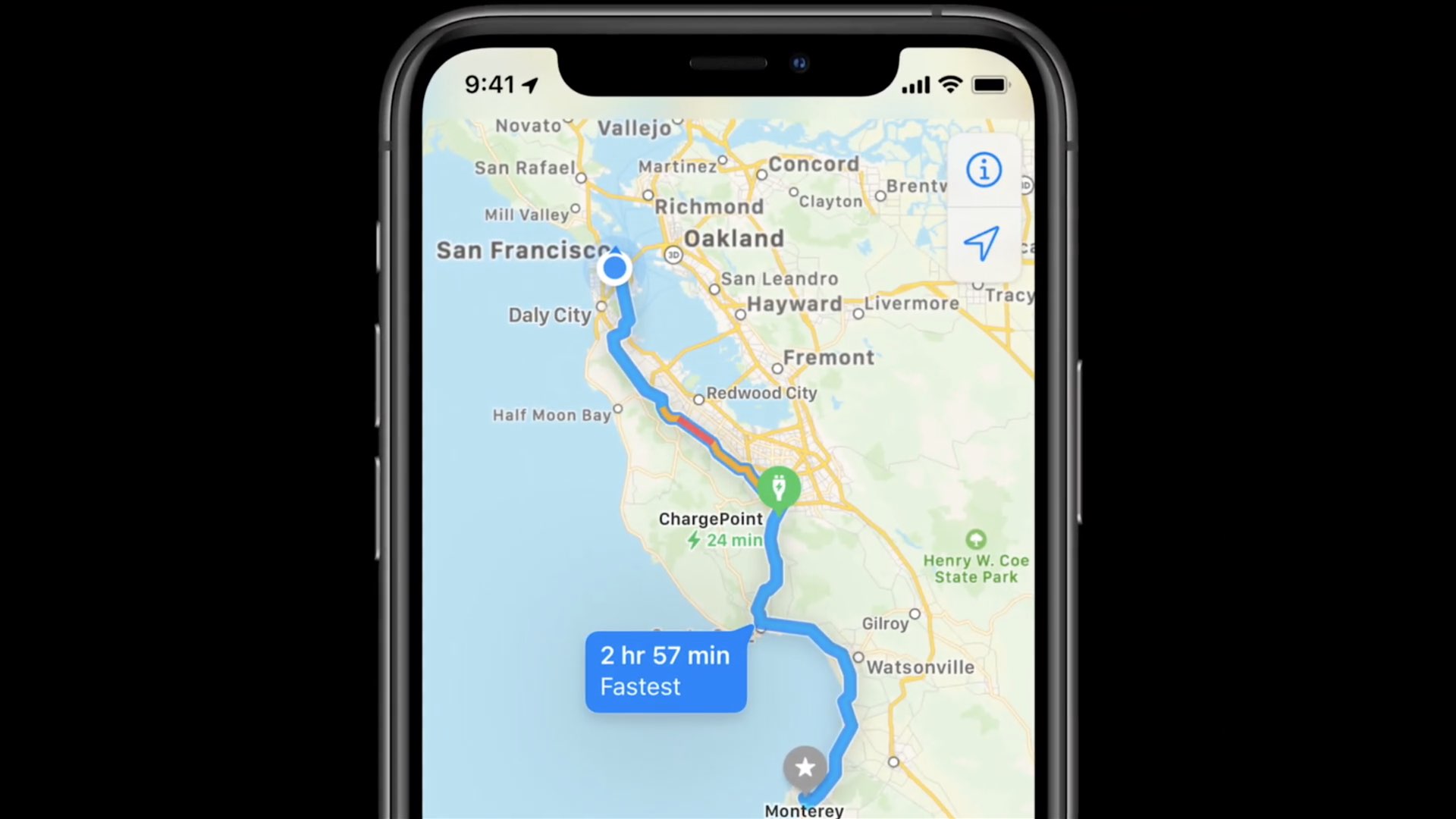 Apple Maps electric vehicle routing - a close-up view of EV routing on the iPhone