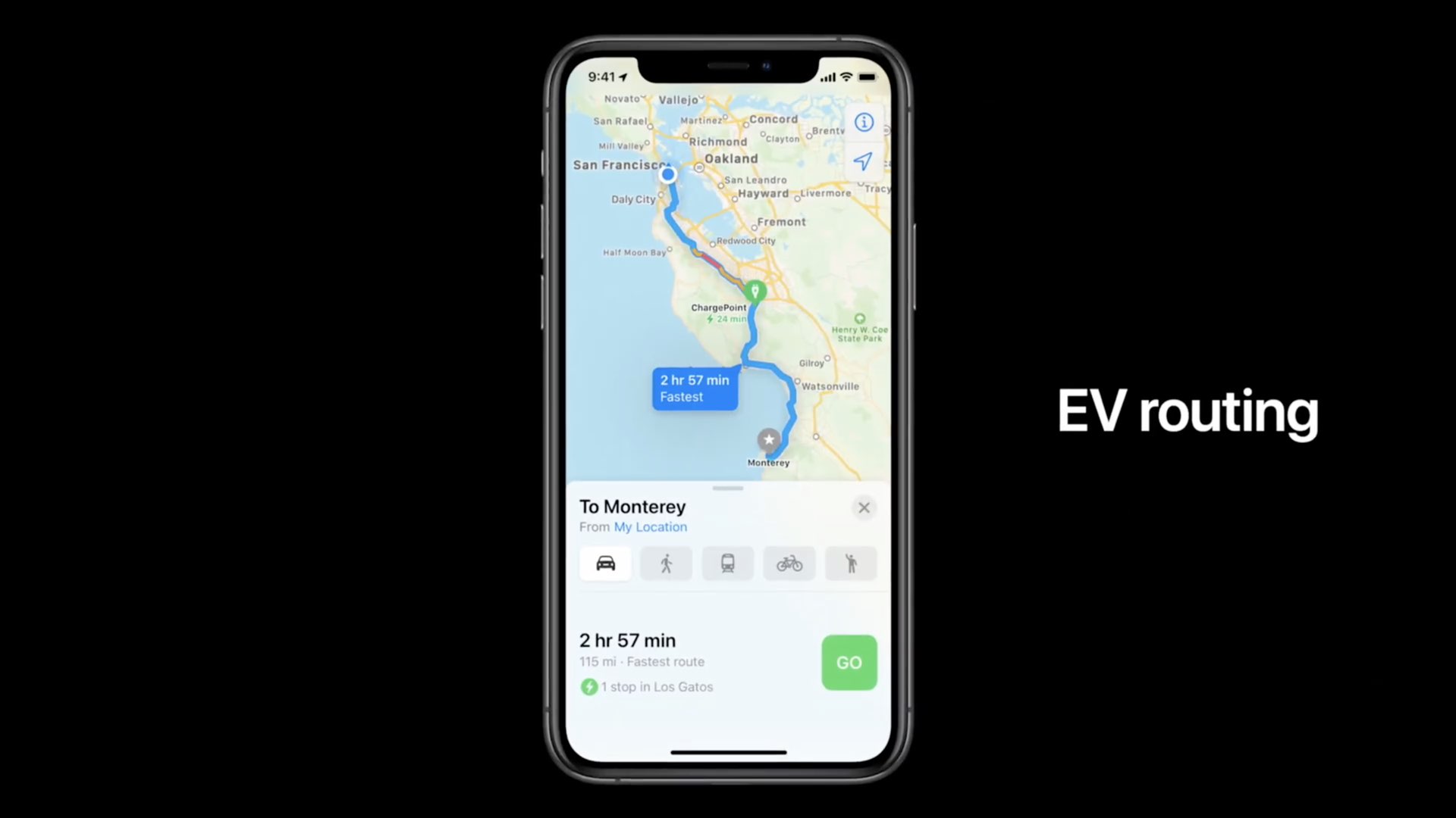 Apple Maps electric vehicle routing - a WWDC 2020 slide showing EV routing running on an iPhone