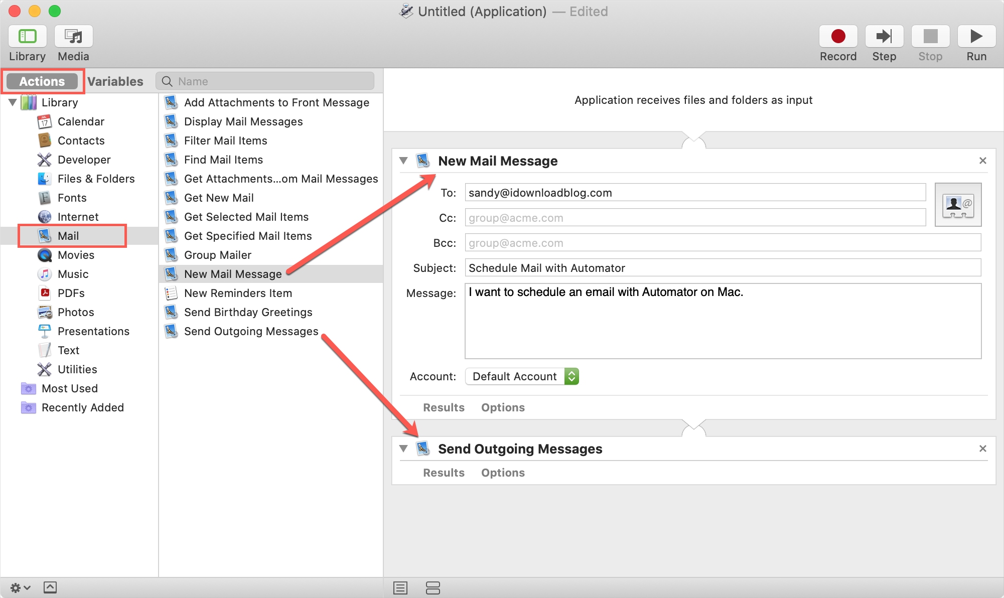 Automator New Mail Message and Send Outgoing Messages