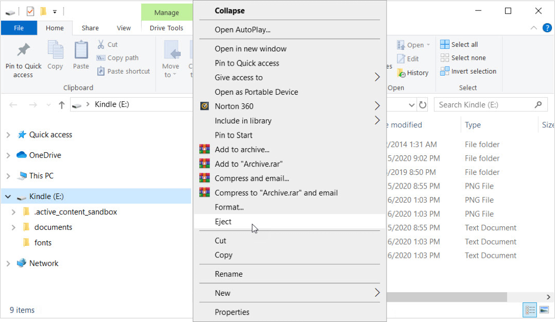 Eject Kindle from Windows File Explorer