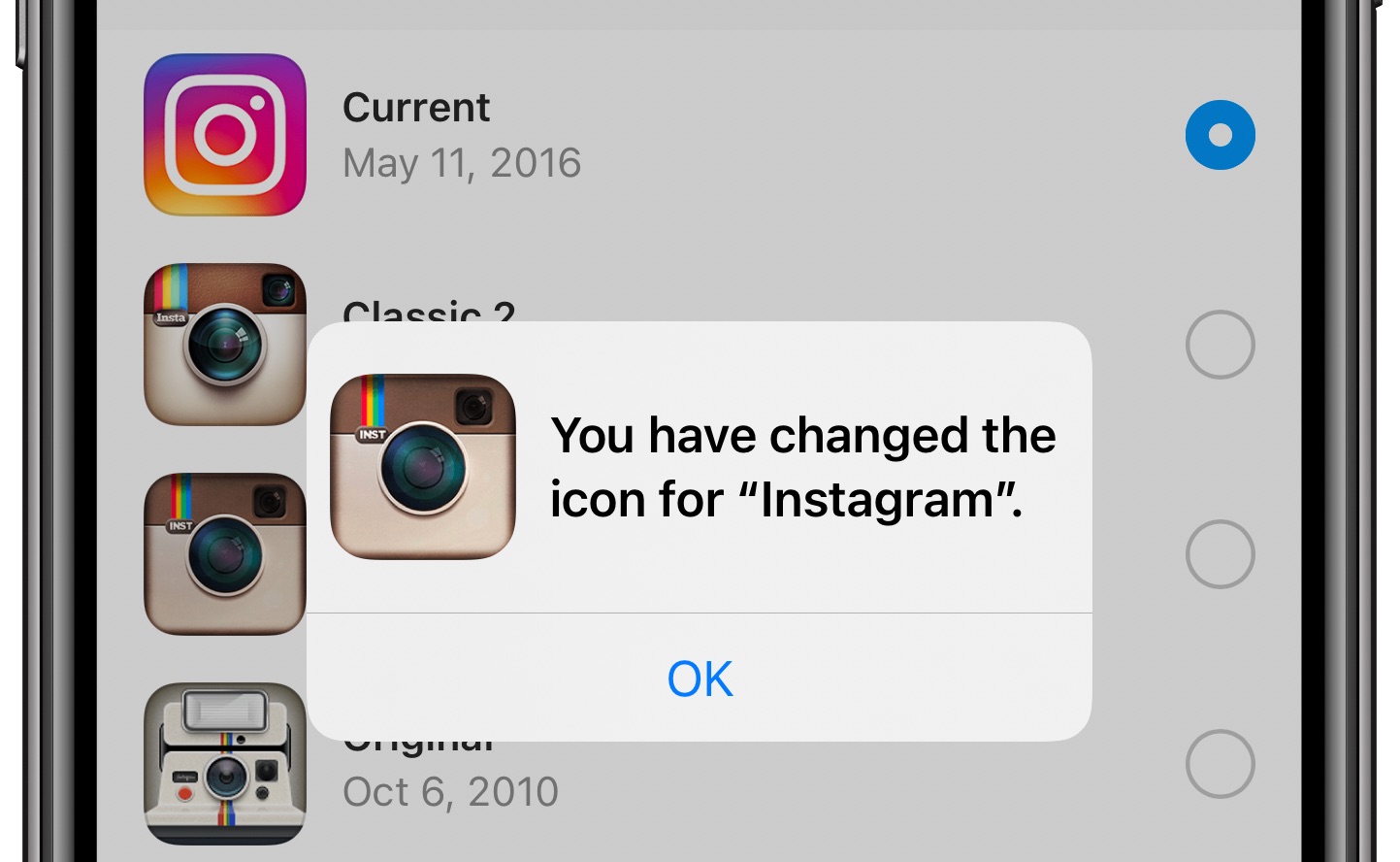 Change Instagram icon - confirmation message