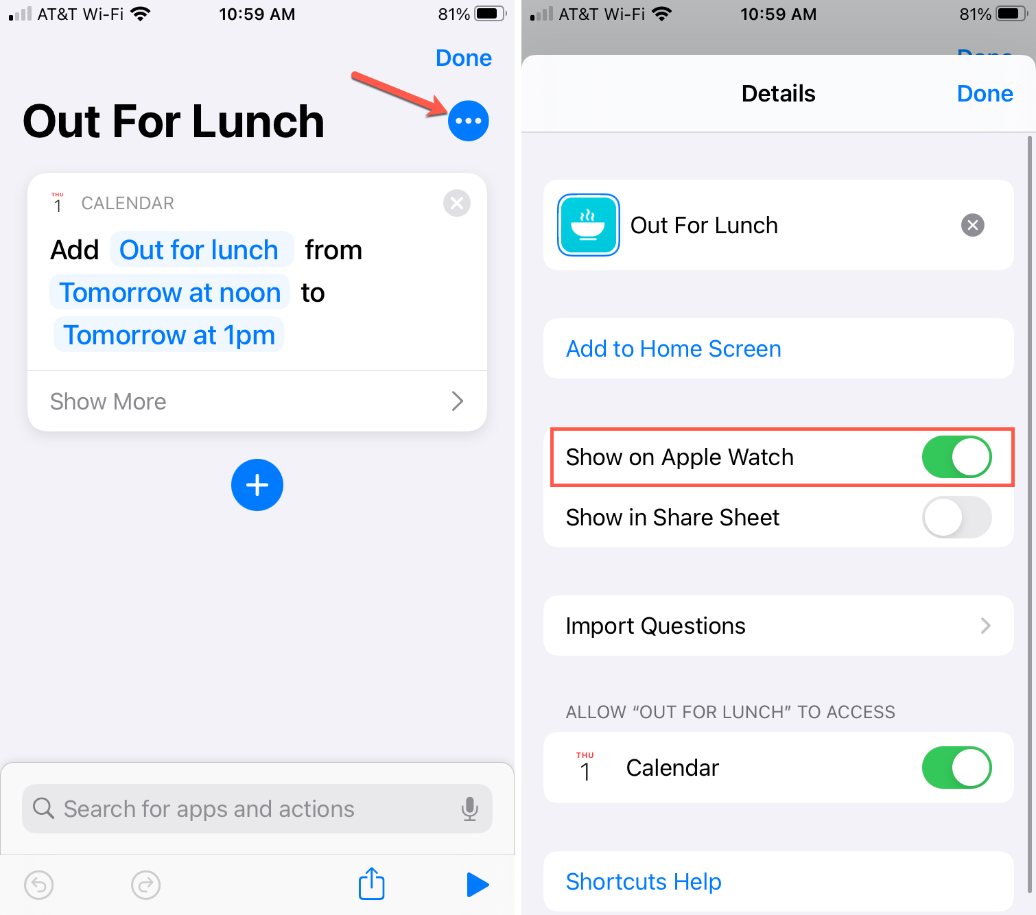 Show Shortcut on Apple Watch iPhone