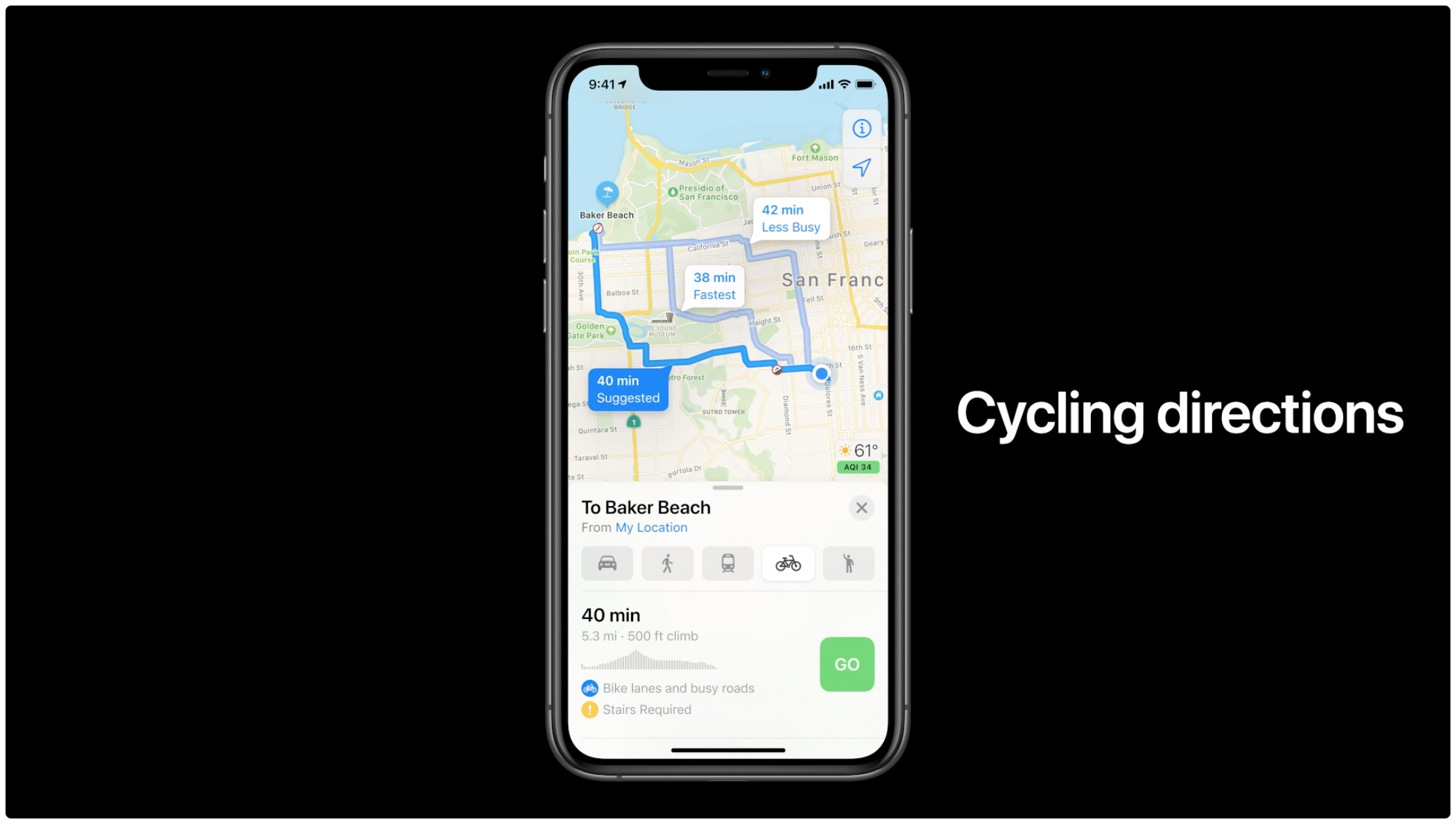 Apple Maps cycling directions - WWDC 2020 introductory slide