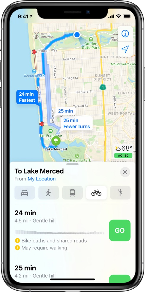 Apple Maps cycling directions - an overview of multiple cycling routes