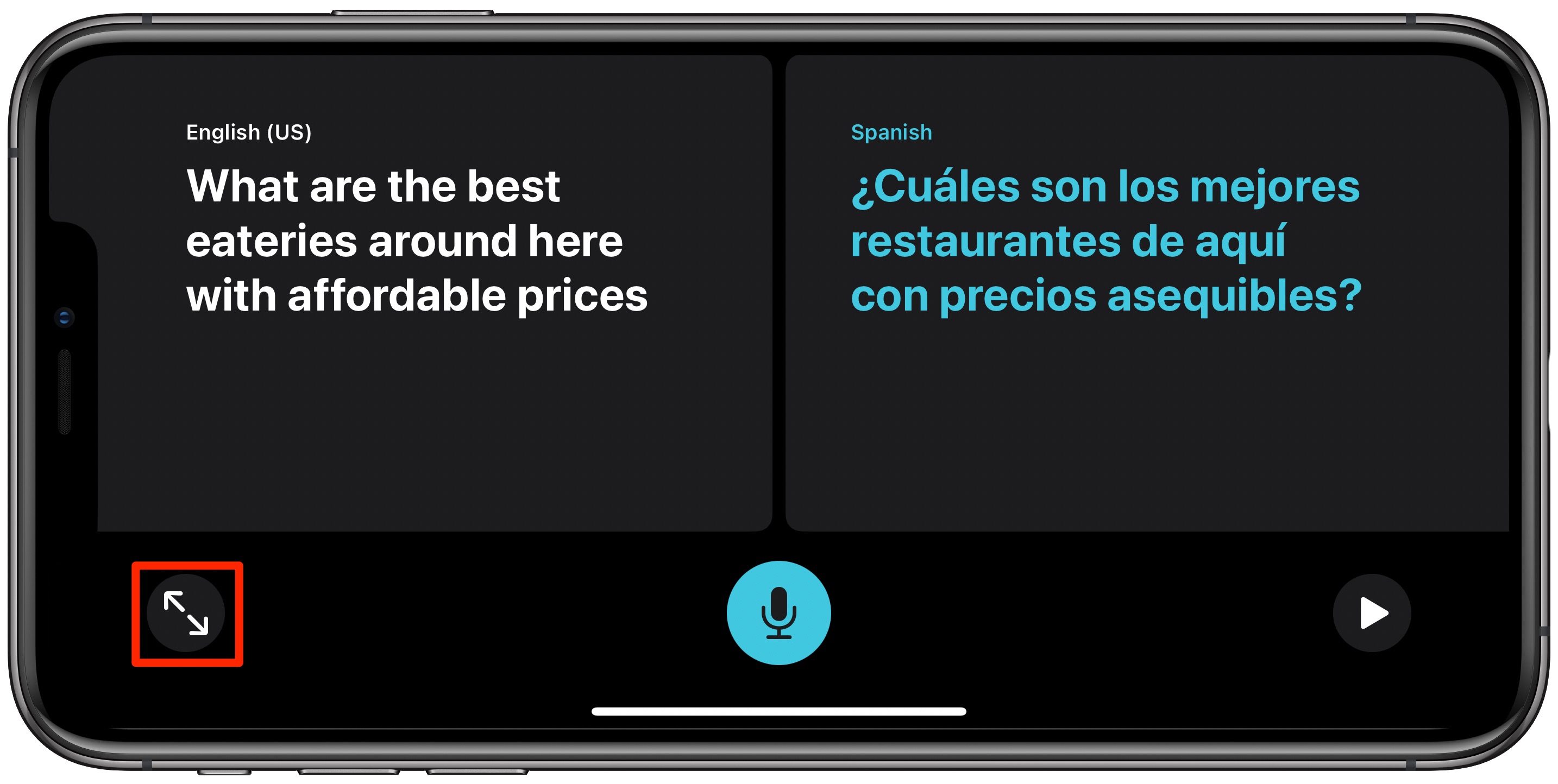 Apple Translate Conversation mode - maximizer button highlighted 