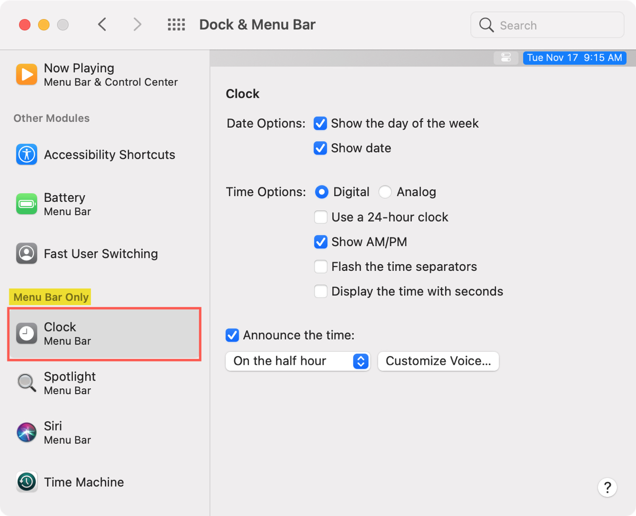 Dock and Menu Bar Clock Settings