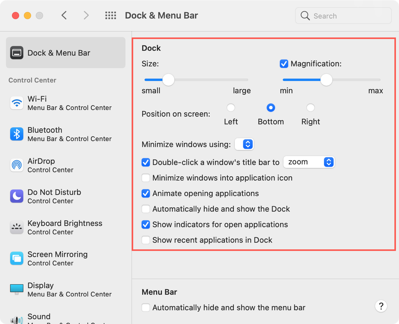 Dock in System Preferences