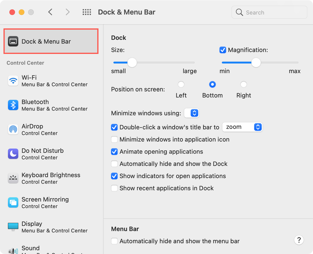 Dock and Menu Bar in System Preferences