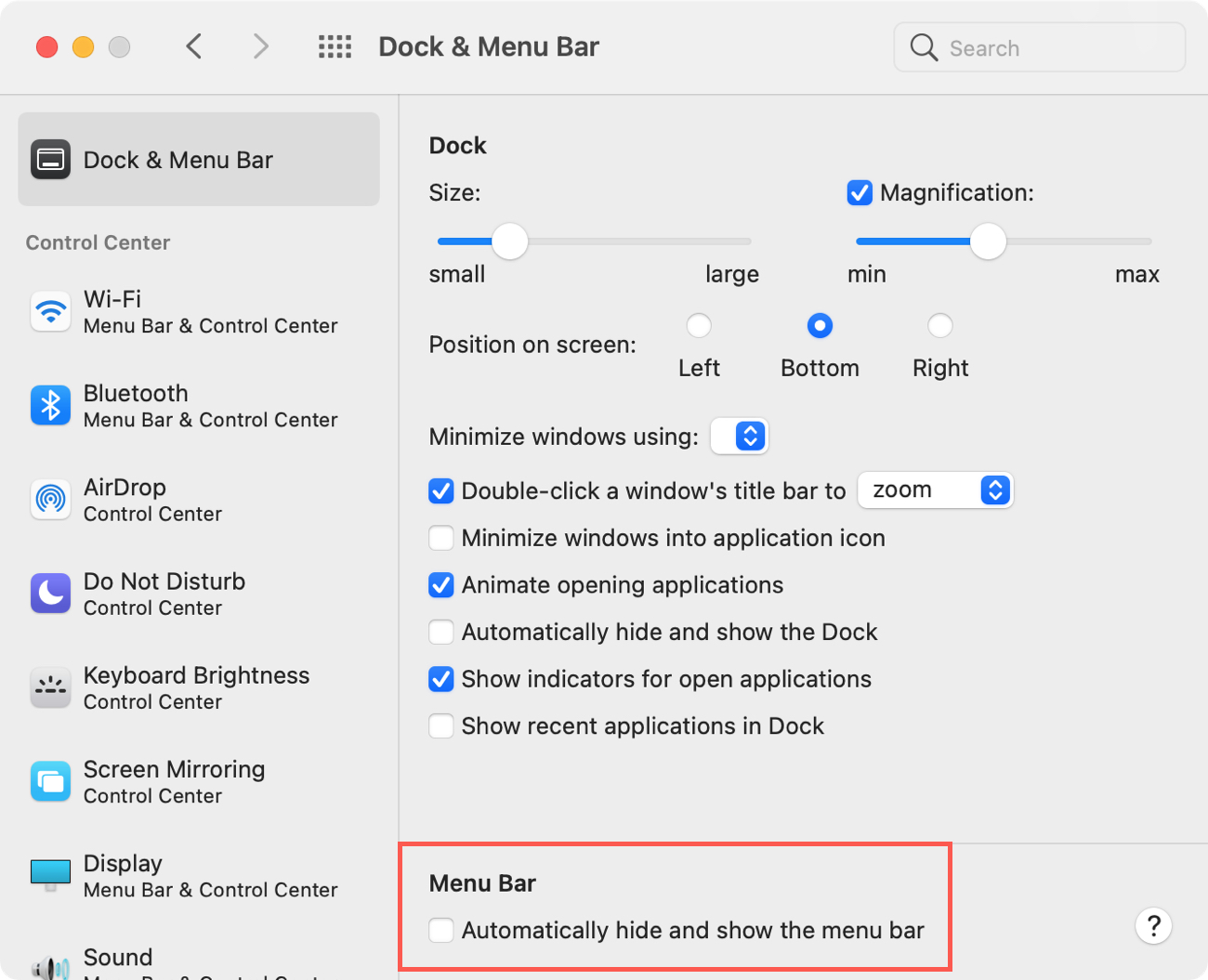 Menu Bar in System Preferences