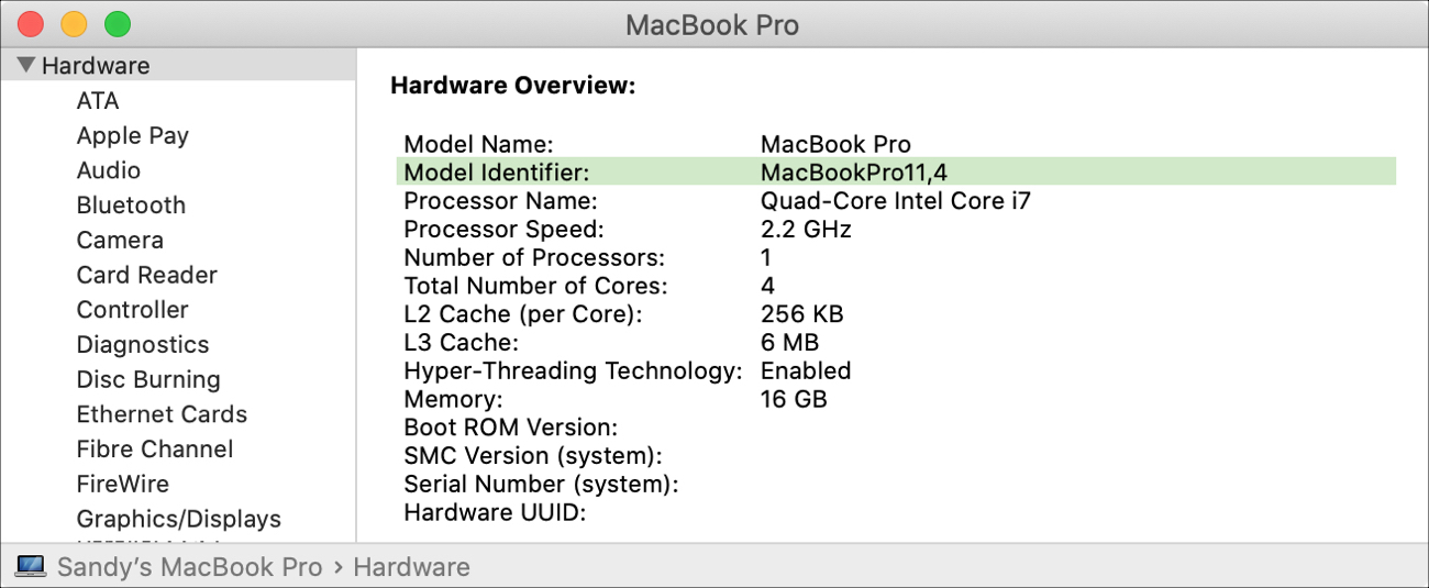 System Report Model Identifier on MacBook Pro