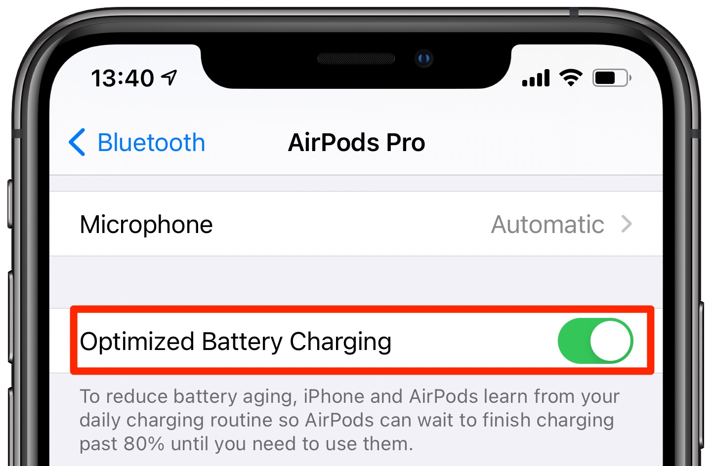 Optimizedc battery charging AirPods Pro - iPhone screenshot