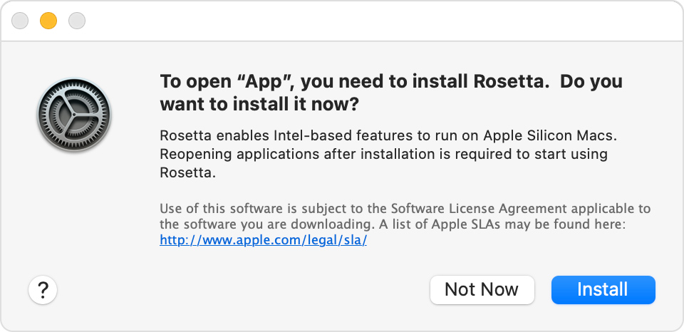 Apple Rosetta 2 emulation - a macOS dialog in Big Sur asking to install the Rosetta component 