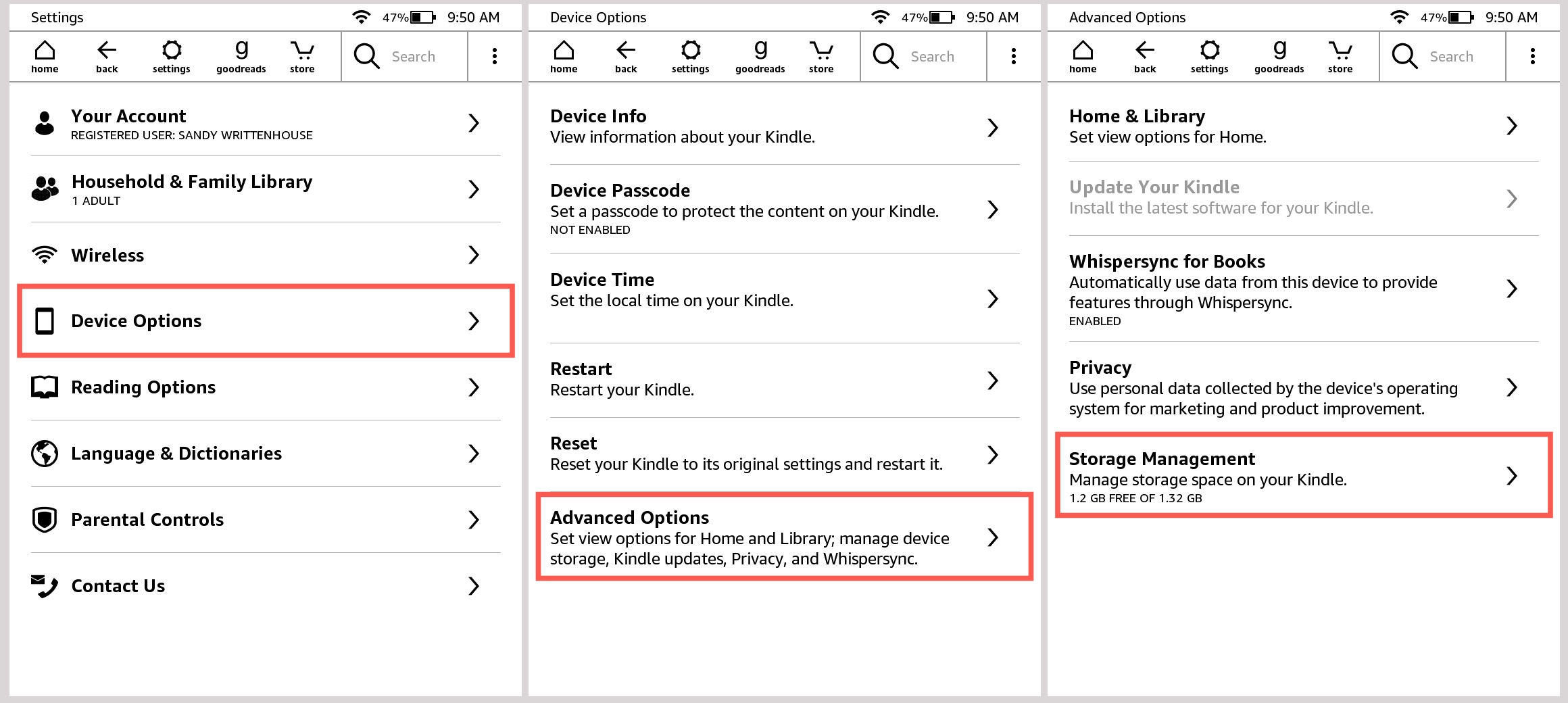 Device Options Advanced Storage Management Kindle Paperwhite