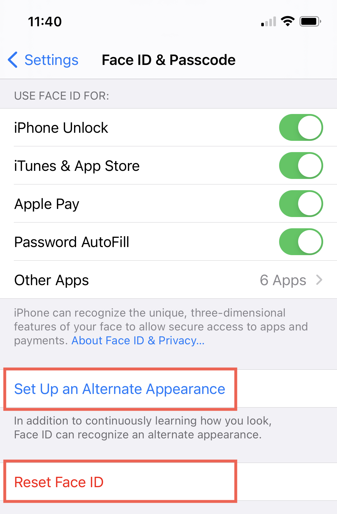 Face ID Passcode Alternate Appearance and Reset