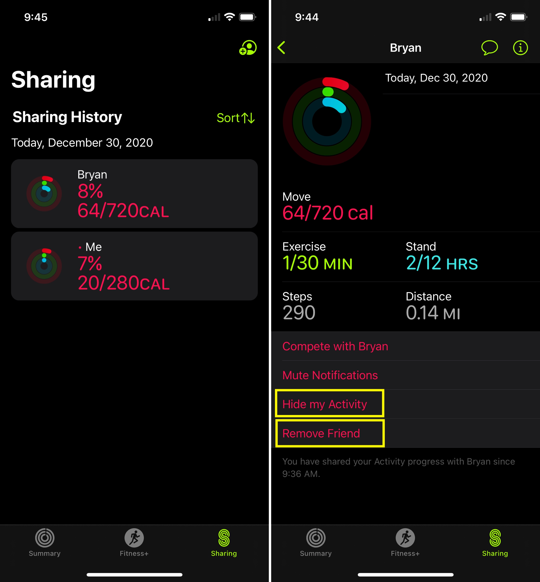 Hide Activity and Remove Friend on iPhone