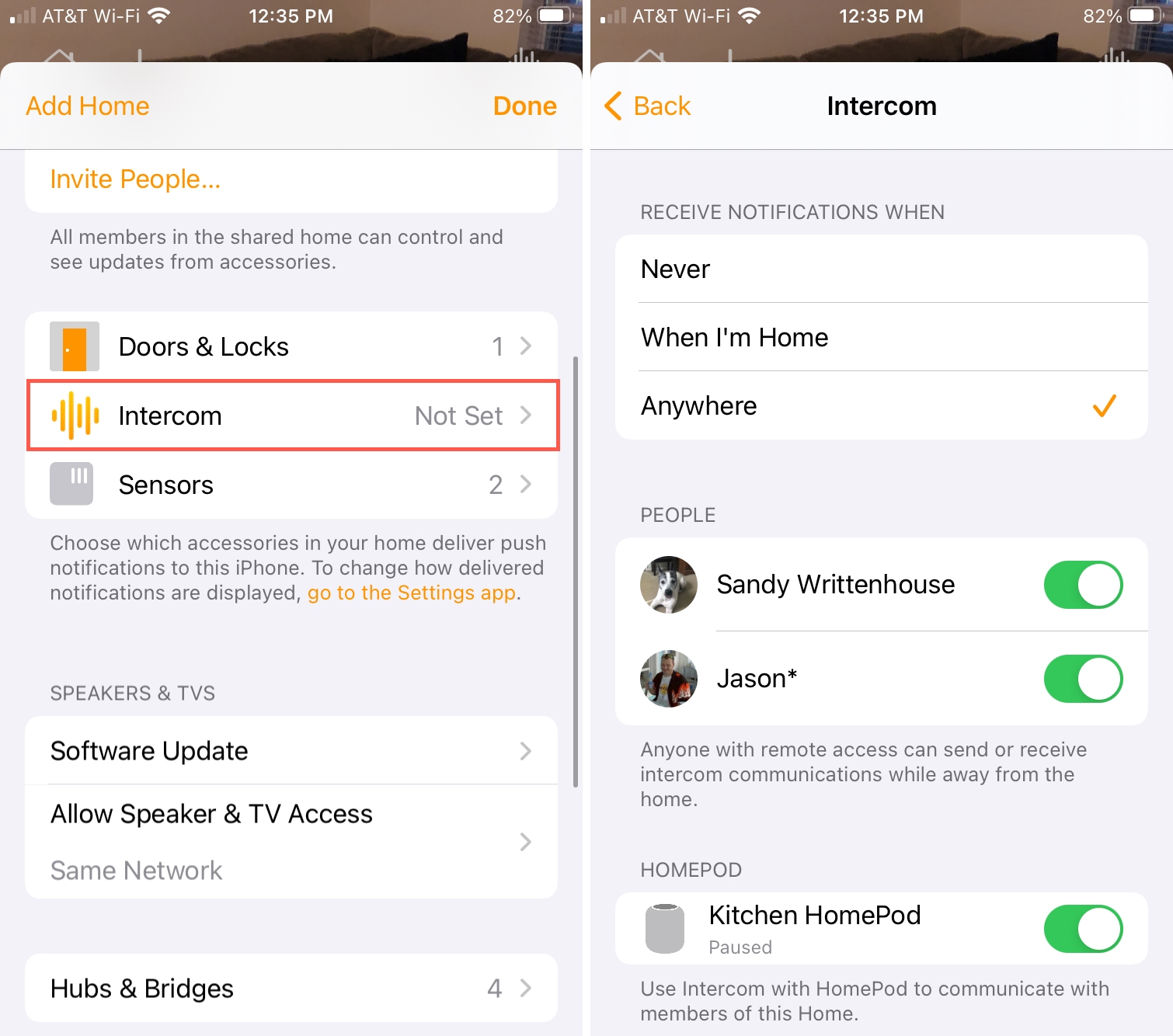 Intercom Settings for HomePod in the Home app