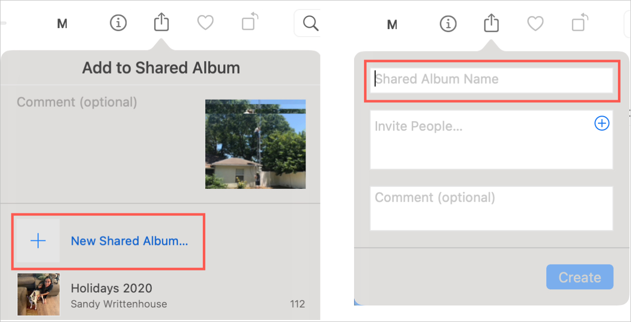 Mac Photos New Shared Album and Create