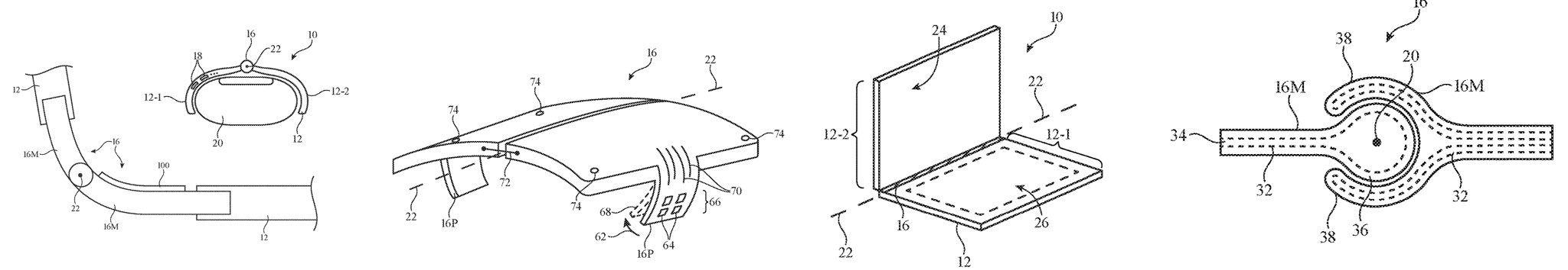 Apple's foldable iPhone patent drawing showing various solutions for making stronger hinges