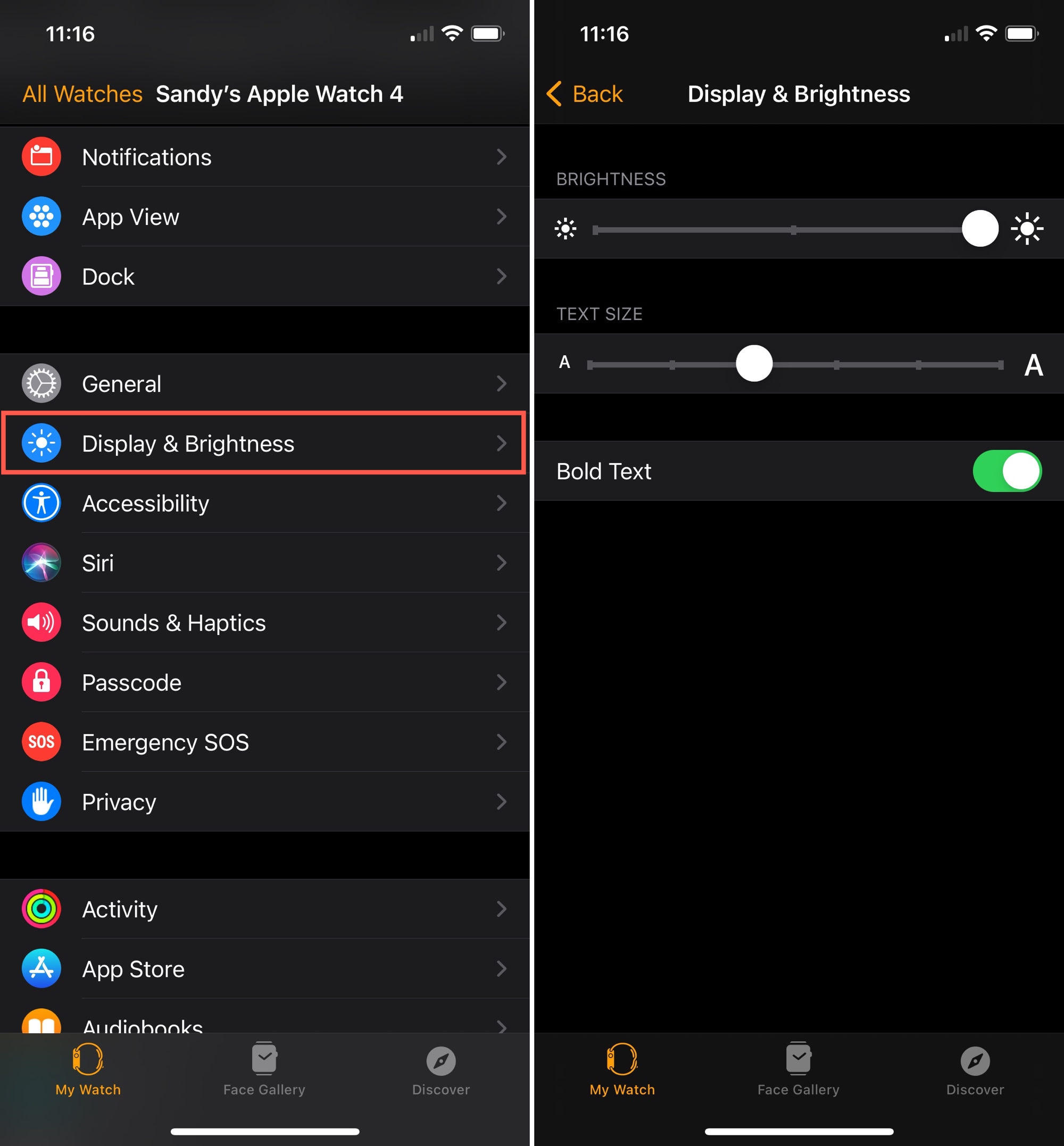 Watch Display Brightness Adjust Text Size Bold